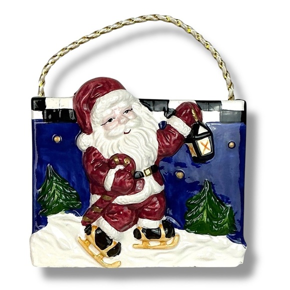 Vintage Ceramic Gift Bag Decorative Skating Santa Blue Christmas Holiday Theme - Picture 2 of 16